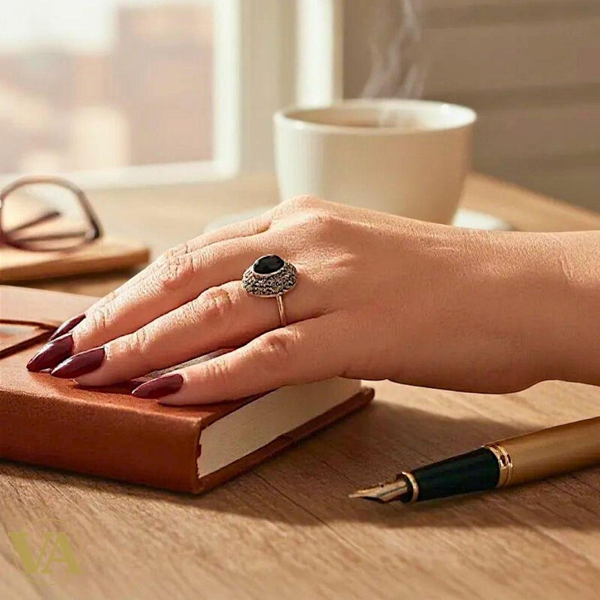 Bague Femme Argent 925 – Onyx noir & Marcassites | Bijoux Vindicta