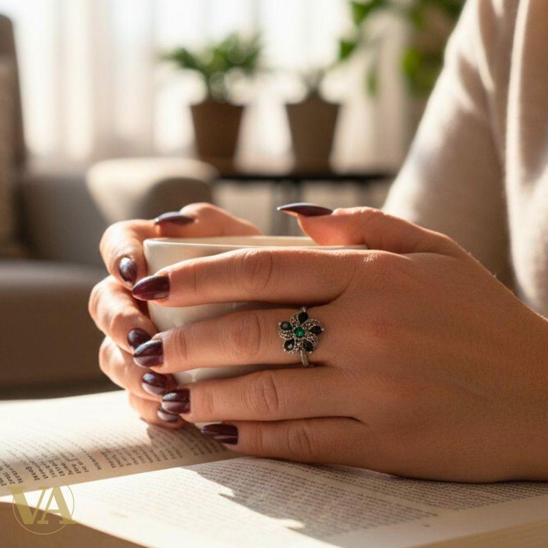 Bague fleur argent 925 marcassite – Pierres noires et vertes