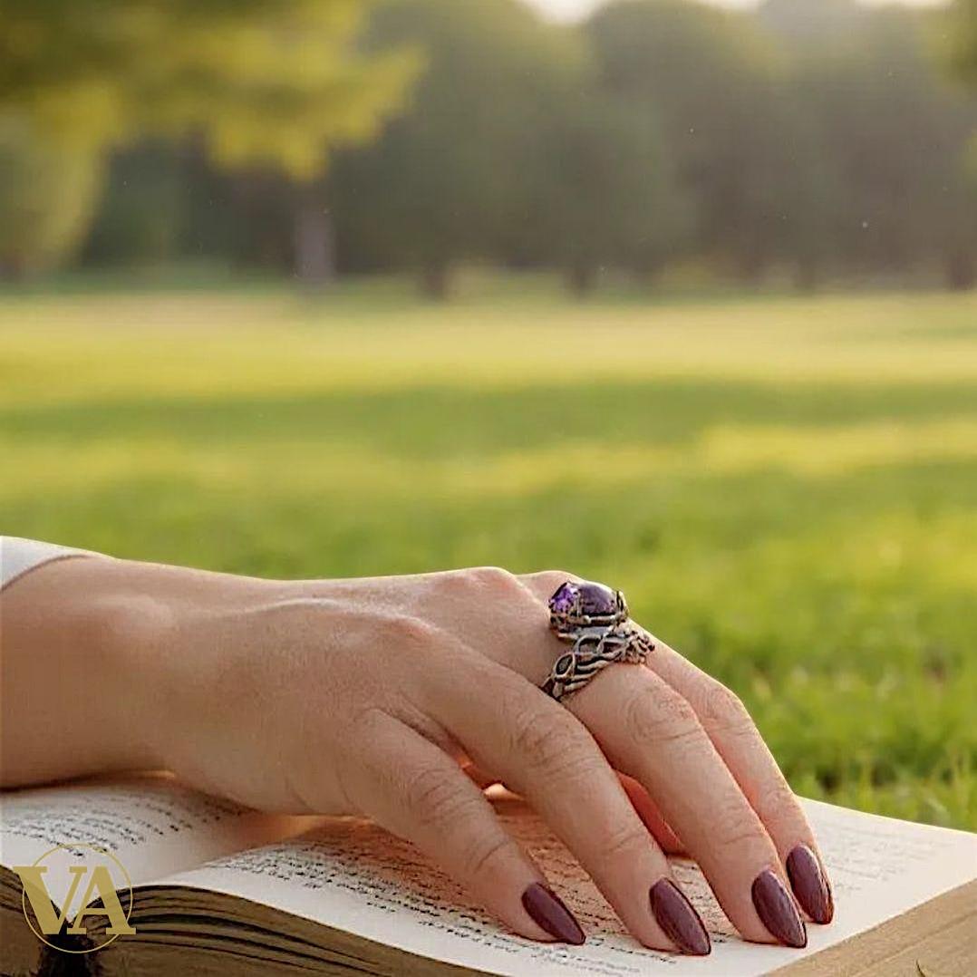 Bague argent 925 cabochon Améthyste et pierres rouges/vertes