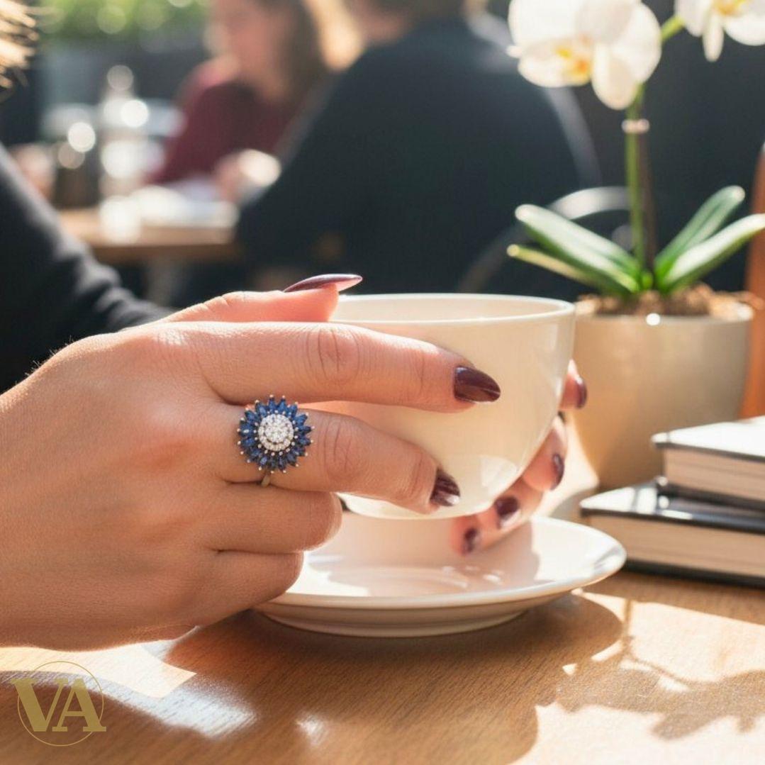 Bague argent 925 fleur zirconium et pierres bleues