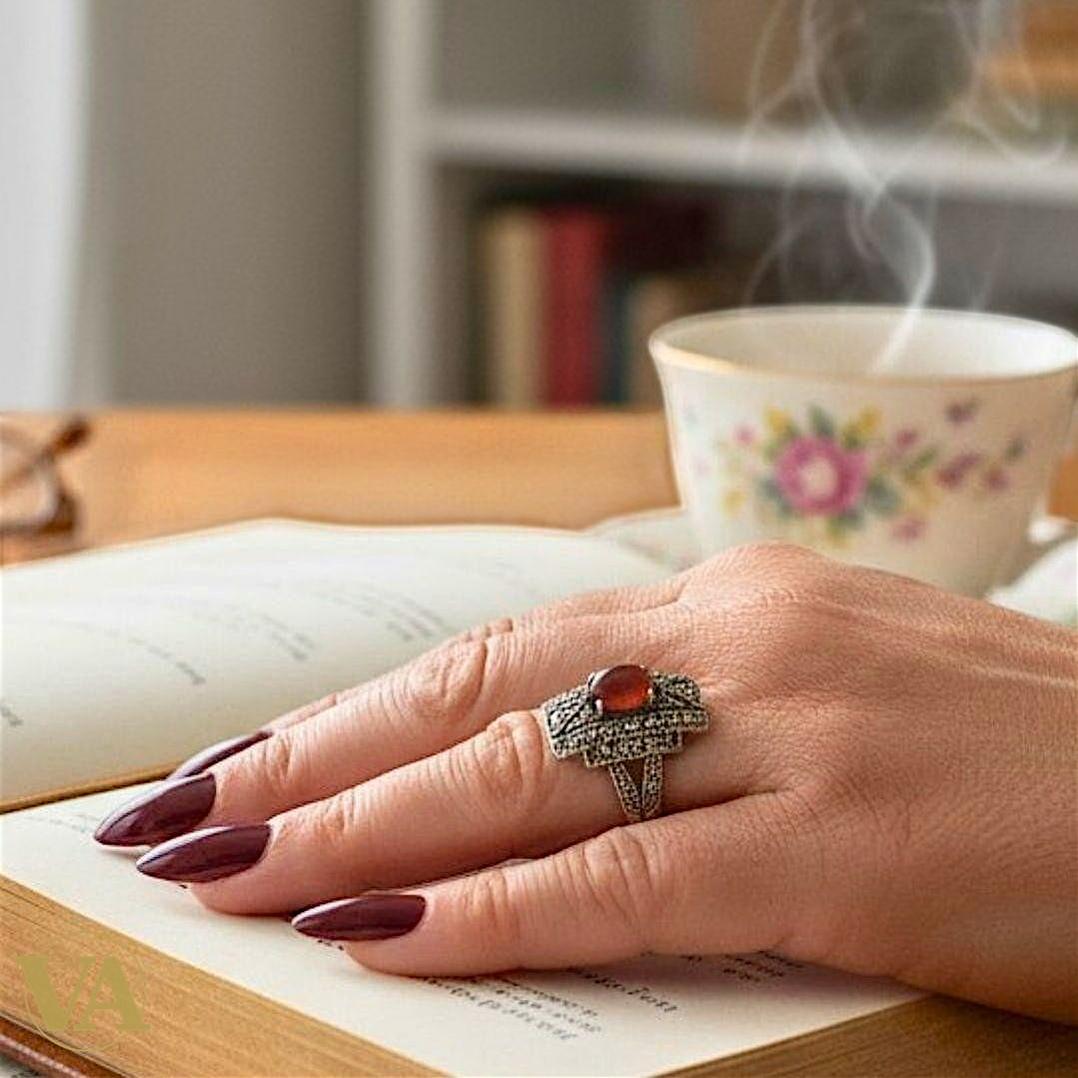 Bague argent 925 cornaline et marcassites