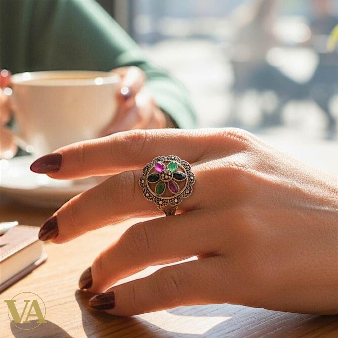 Bague Femme Argent 925 Marcassite & Pierres colorées