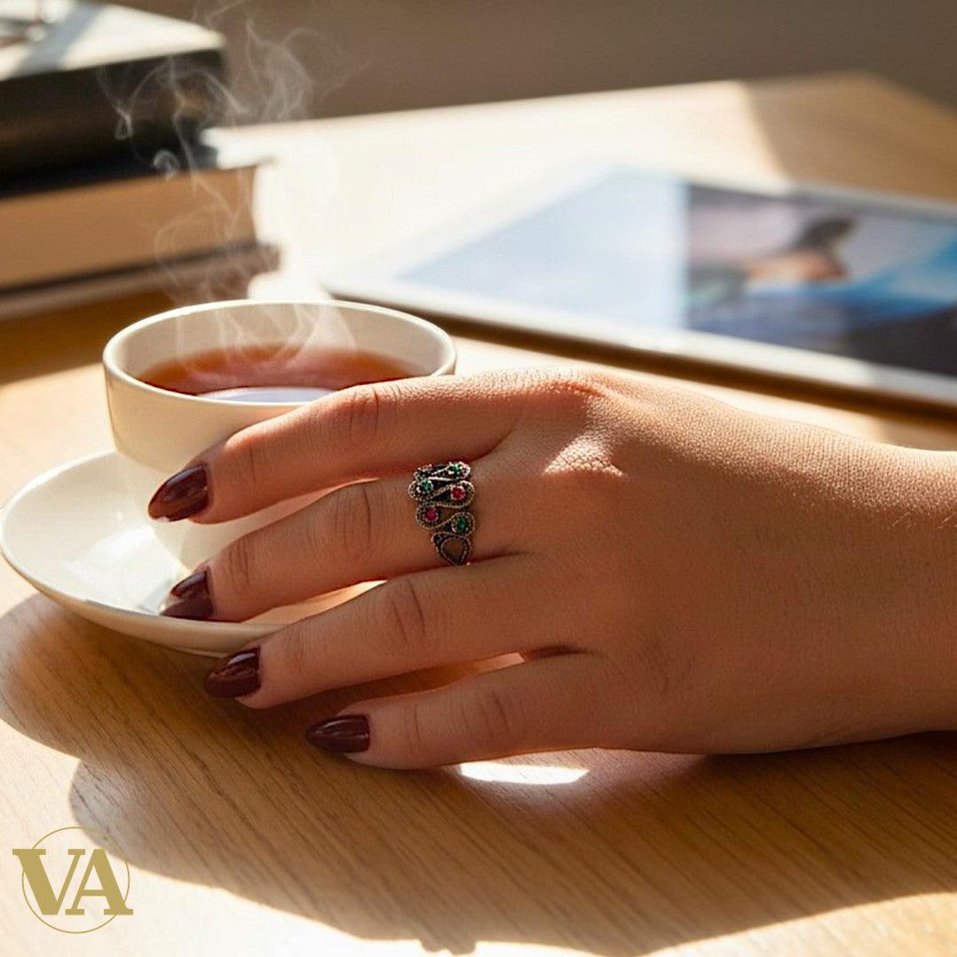 Bague Femme Argent 925 Marcassite & pierres colorées