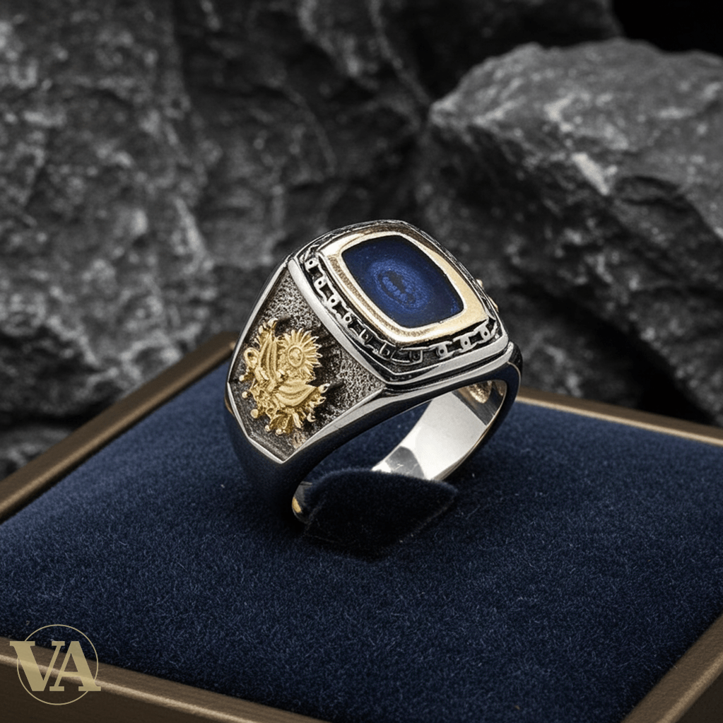 Chevalière Homme Argent 925 Quartz Inclusions Naturelles Aigle et Calligraphie Dorés - Argent 925 - Vindicta