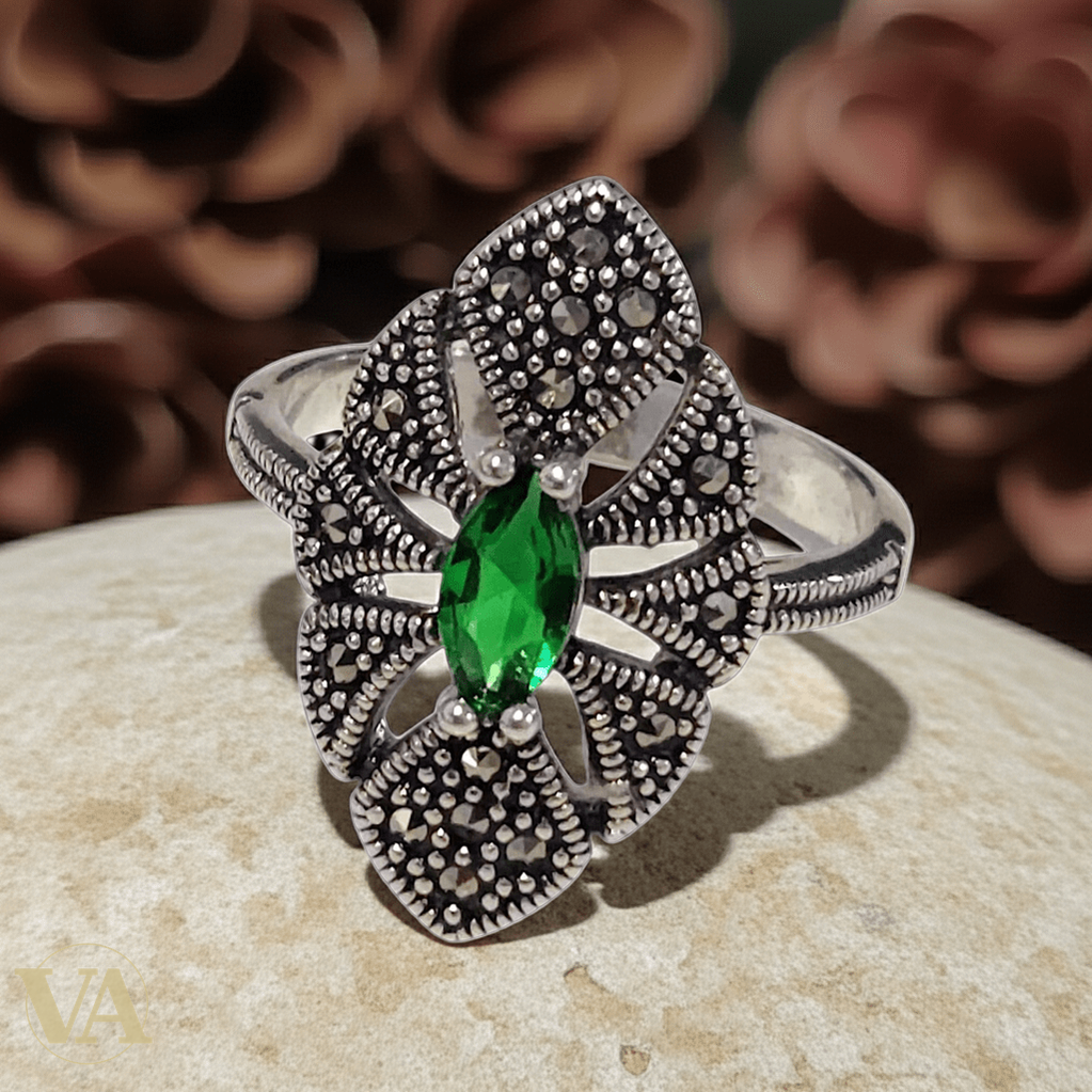 Bague Femme Argent 925 – Pierre Verte Marquise & Marcassites - Argent 925 - Vindicta