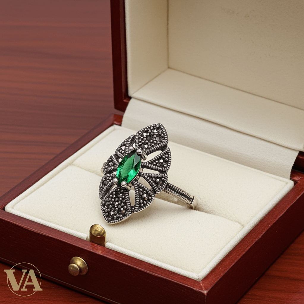 Bague Femme Argent 925 – Pierre Verte Marquise & Marcassites - Argent 925 - Vindicta