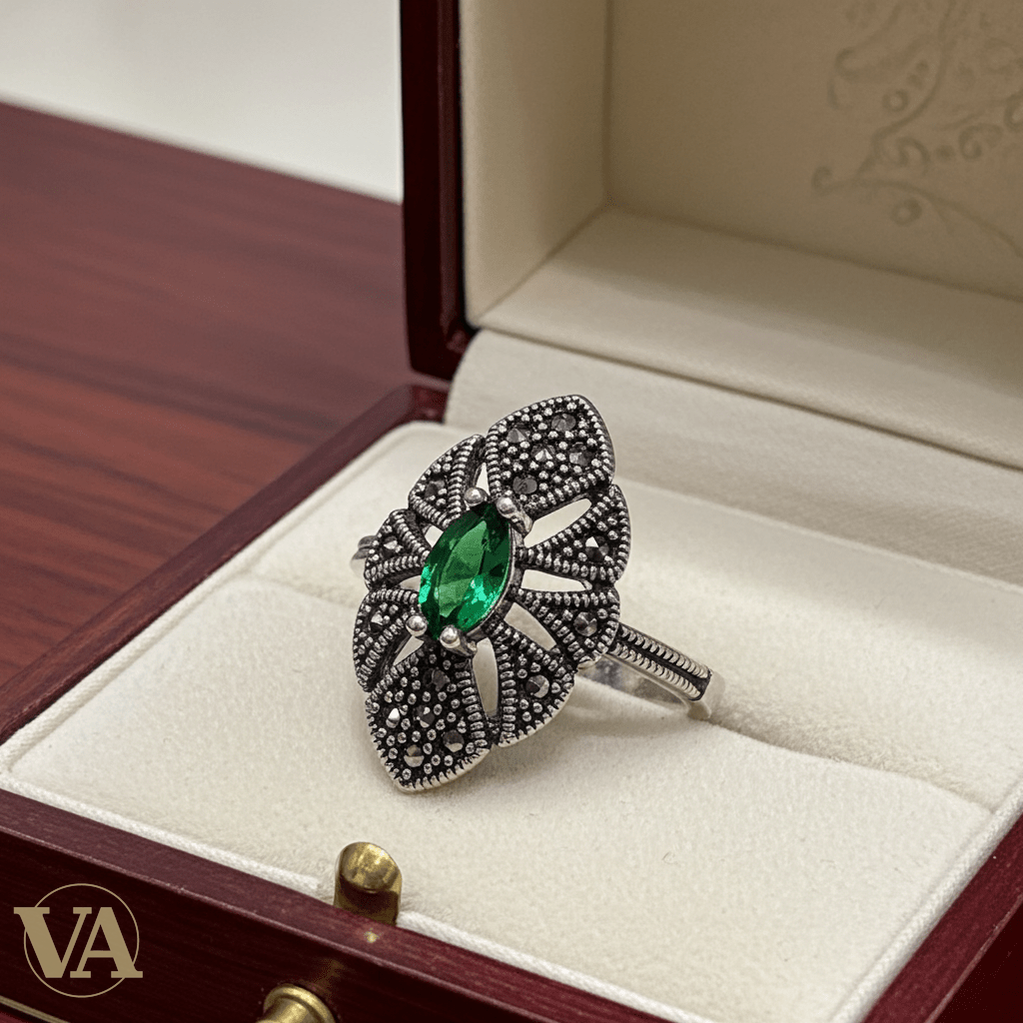 Bague Femme Argent 925 – Pierre Verte Marquise & Marcassites - Argent 925 - Vindicta