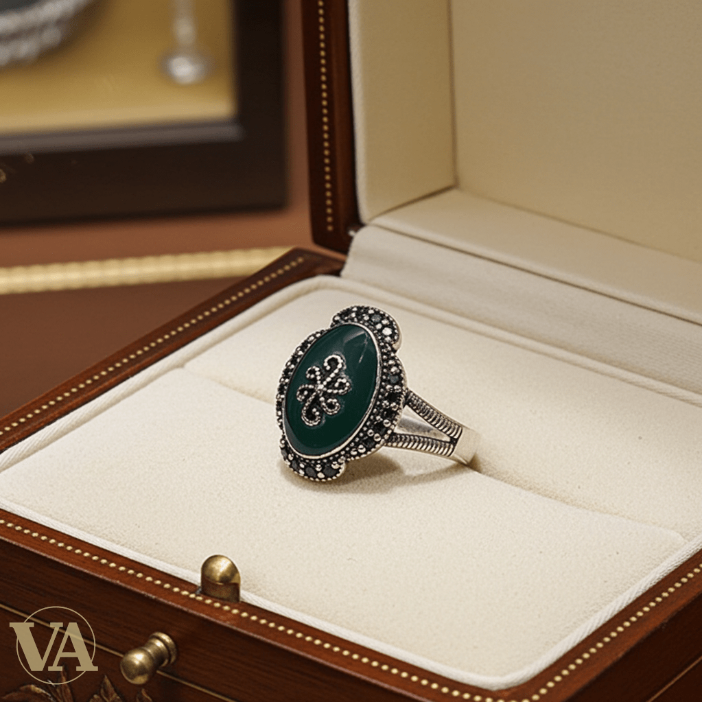 Bague femme argent 925 aventurine verte et marcassites - Argent 925 - Vindicta