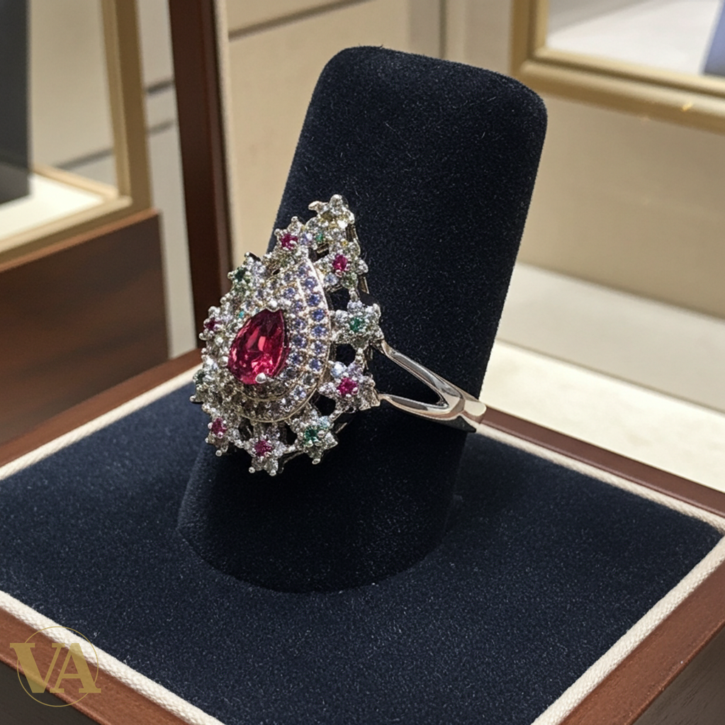 Bague femme argent 925 – Pierre rouge poire et zirconiums multicolores – Élégance royale-Vindicta : Bijoux Argent 925 Massif, Luxe et Héritage