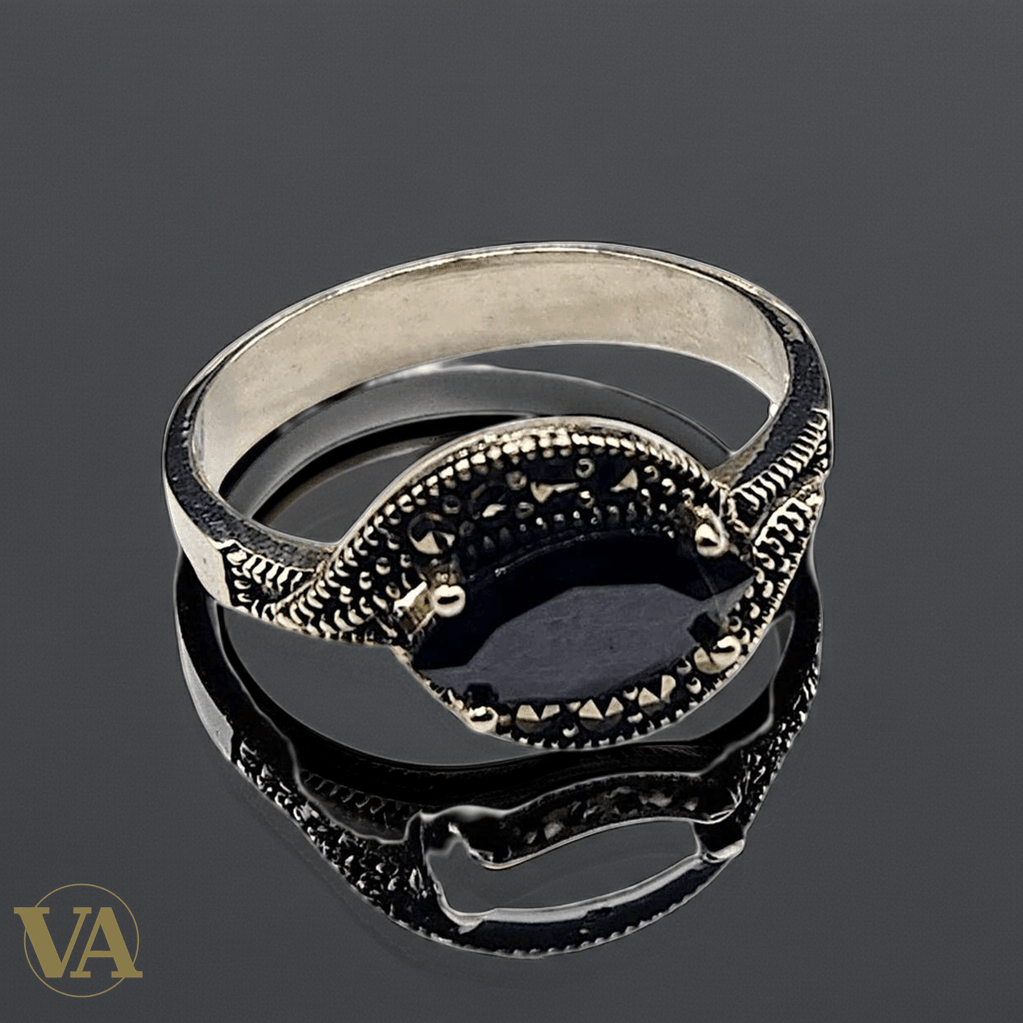 Bague femme en argent 925 sertie d’onyx noir et de marcassites - Argent 925 - Vindicta