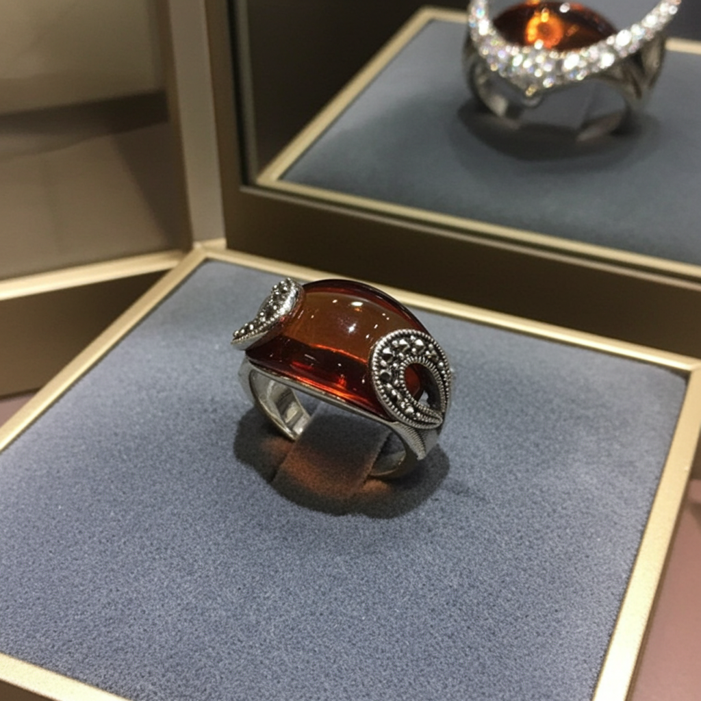 Bague Femme Argent 925 Agate Orange & Marcassites