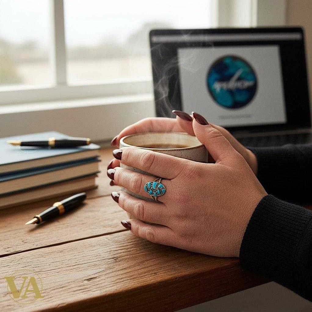 Bague argent 925 mosaïque turquoise et noir