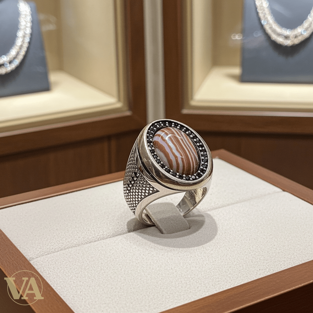 Chevalière Homme Argent 925 Agate Ribanée Ovale Halo Zircons Noirs - Argent 925 - Vindicta