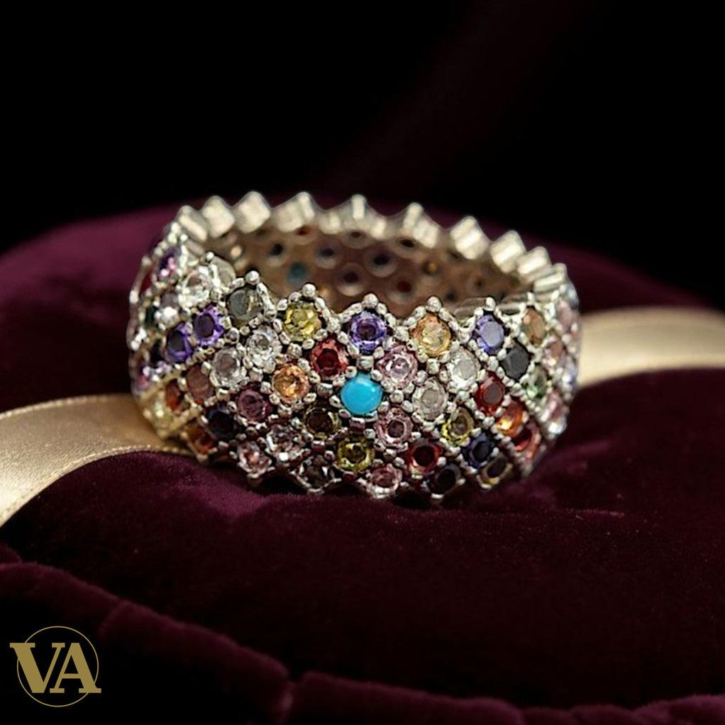 Bague argent 925 sertie de pierres multicolores