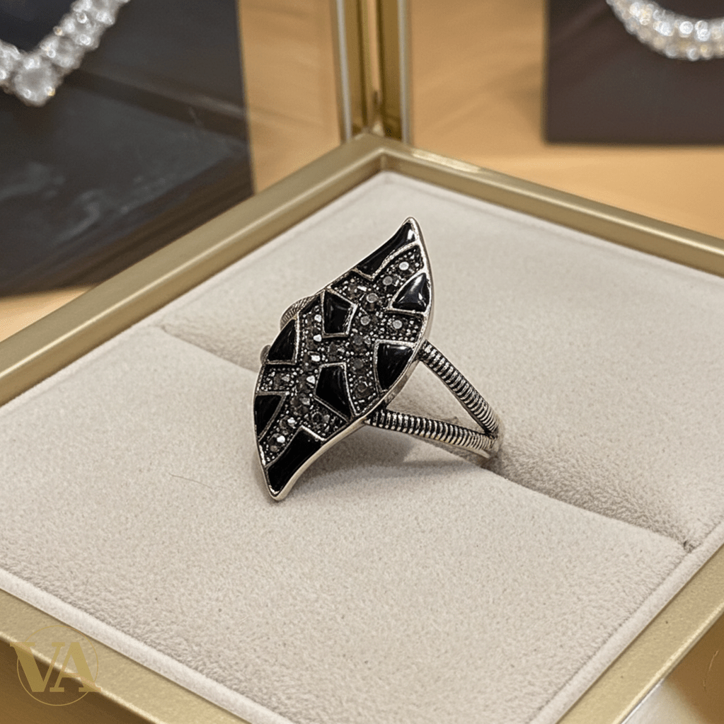 Bague femme argent 925 onyx noir marcassites - Argent 925 - Vindicta
