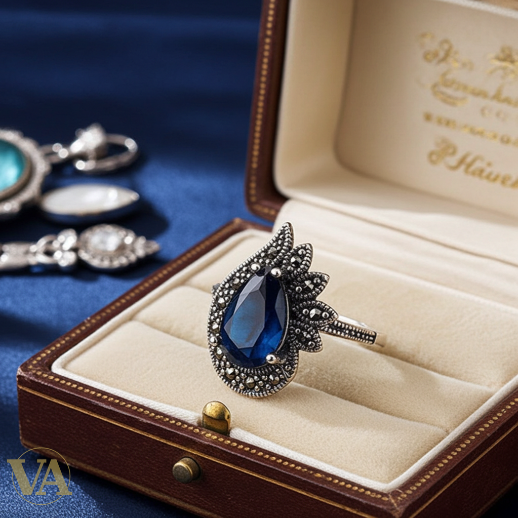 Bague femme argent 925 saphir bleu et marcassites-Vindicta : Bijoux Argent 925 Massif, Luxe et Héritage