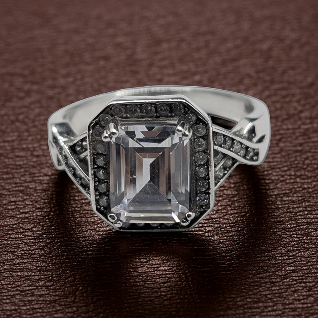 Bague Femme Argent 925 Zircon Émeraude Halo Marcassite Art Déco