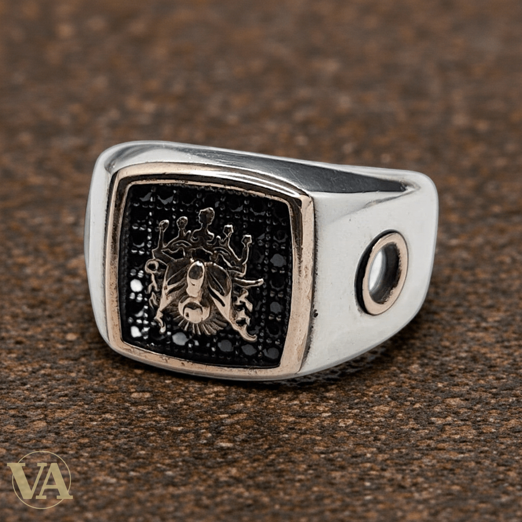 Chevalière Homme Argent 925 Aigle Bicéphale Couronné Pavé Noir - Argent 925 - Vindicta