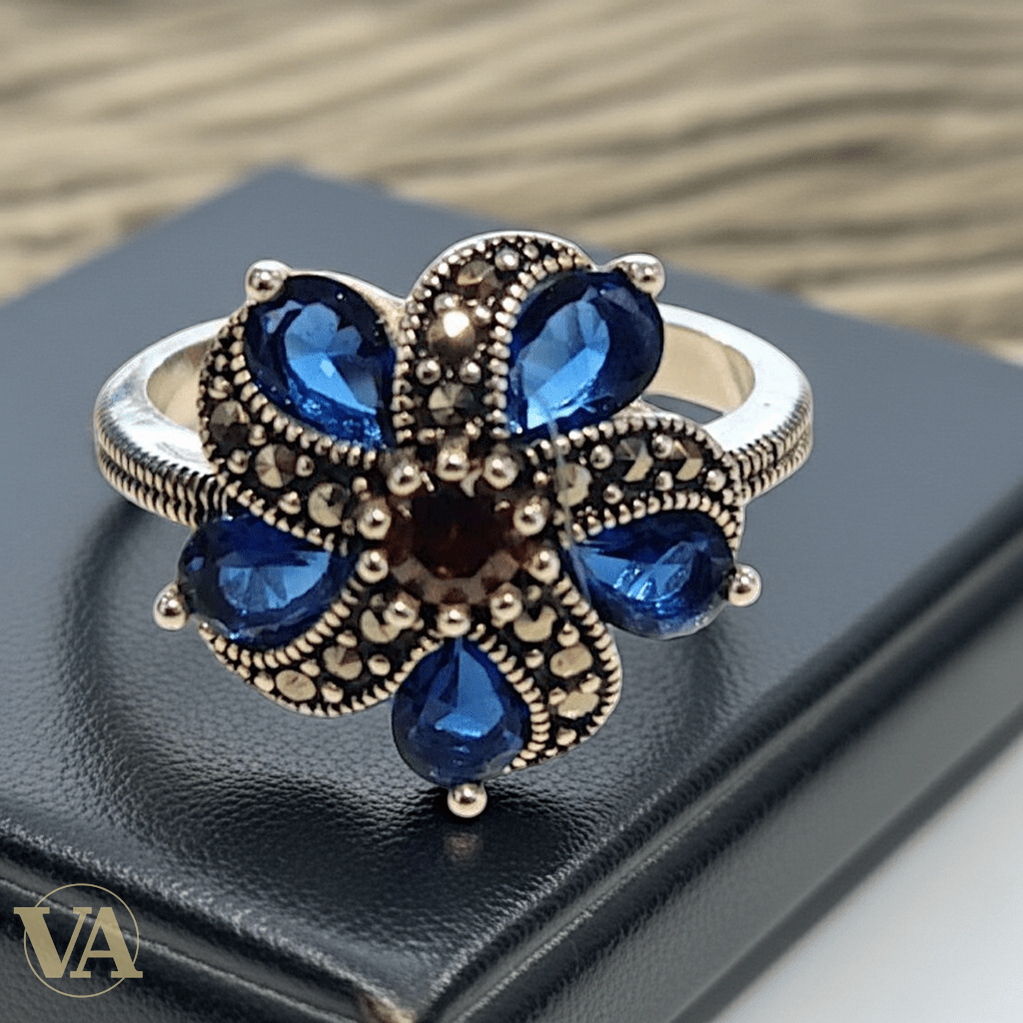 Bague Femme Argent 925 Fleur Bleue & Marcassites - Argent 925 - Vindicta