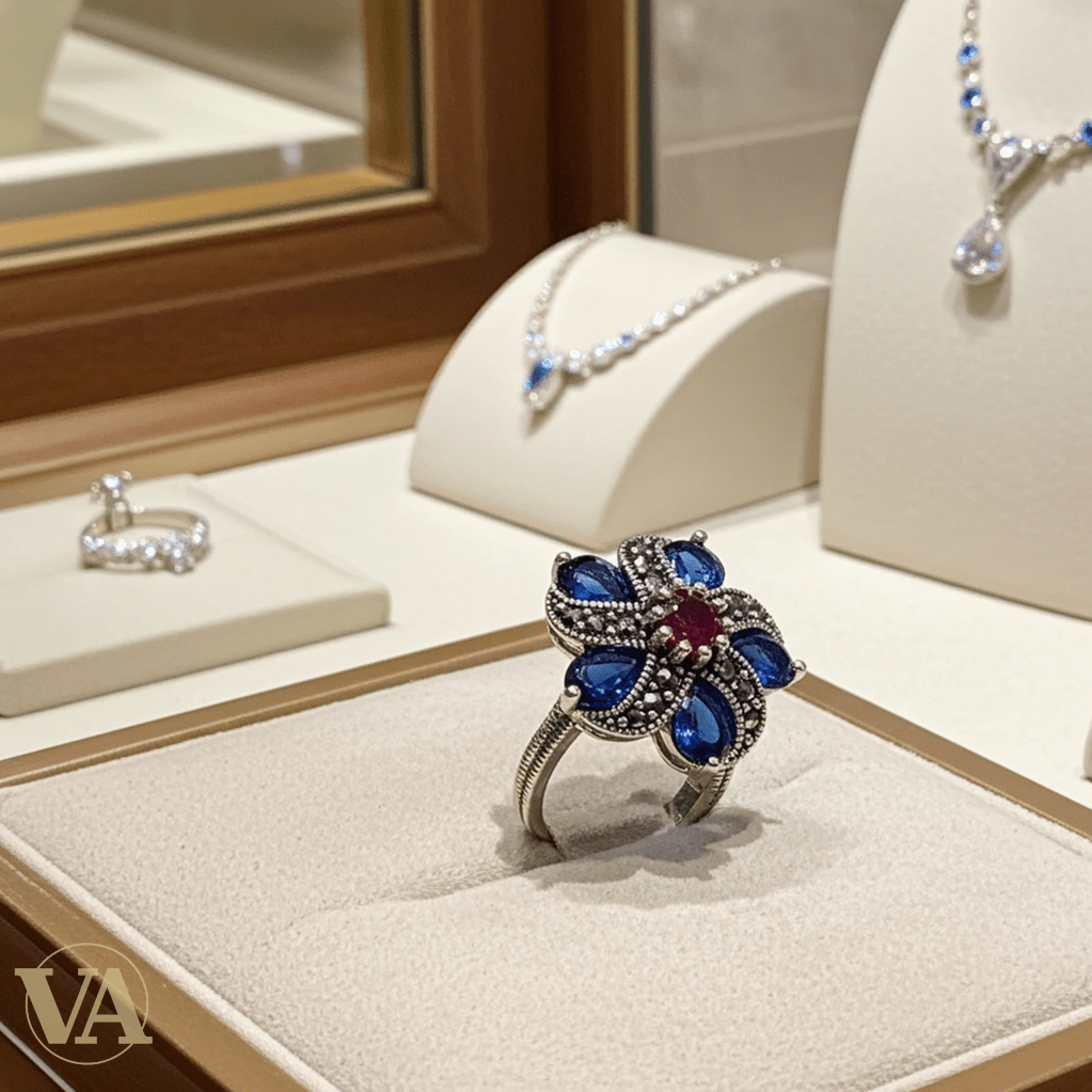 Bague Femme Argent 925 Fleur Bleue & Marcassites - Argent 925 - Vindicta