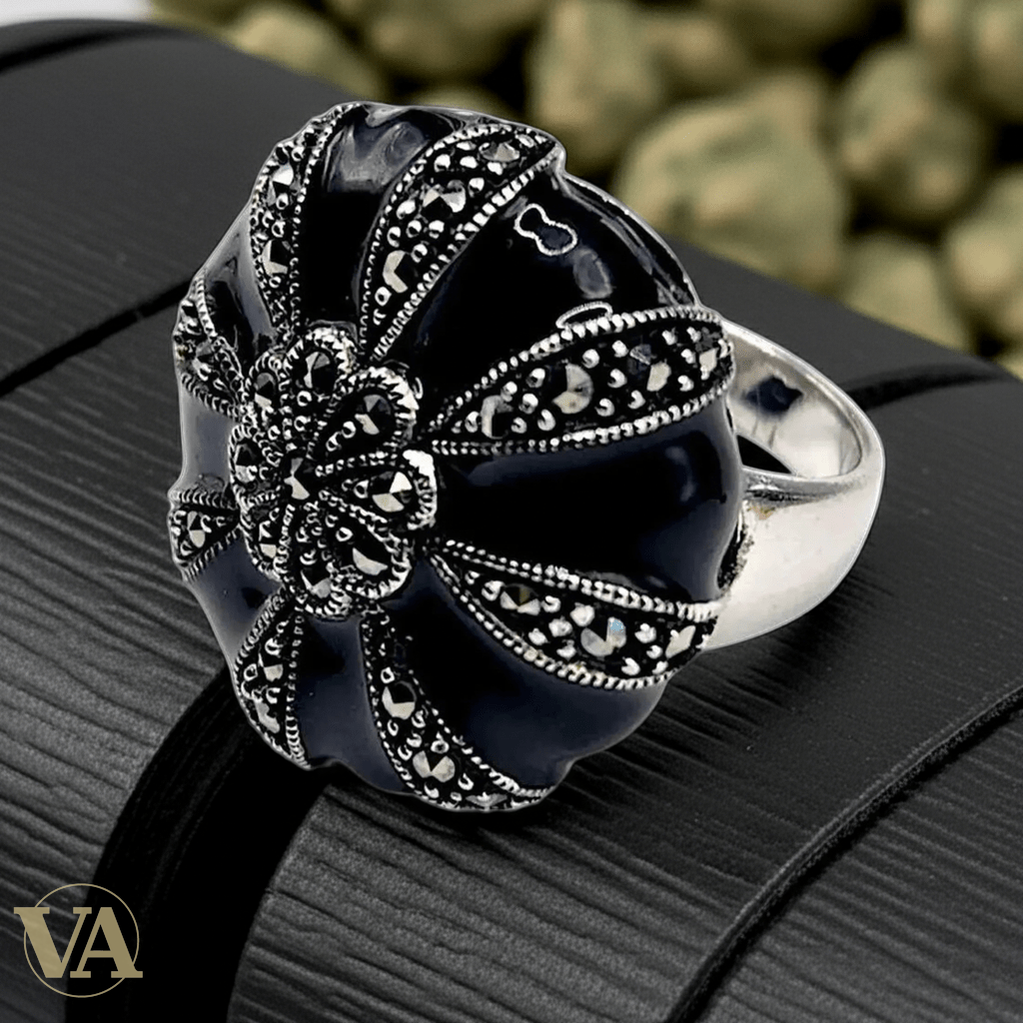 Bague femme argent 925 onyx noir et marcassites - Argent 925 - Vindicta