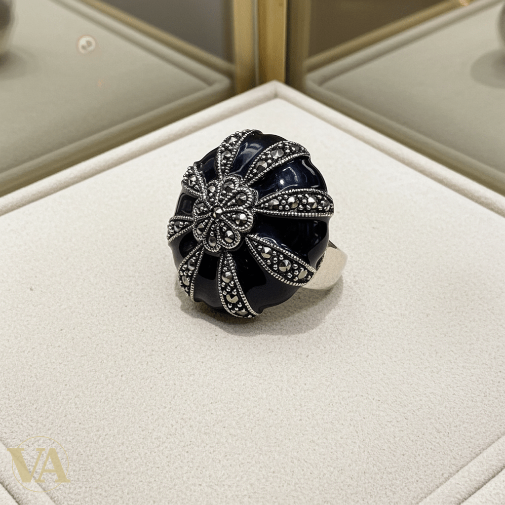 Bague femme argent 925 onyx noir et marcassites - Argent 925 - Vindicta