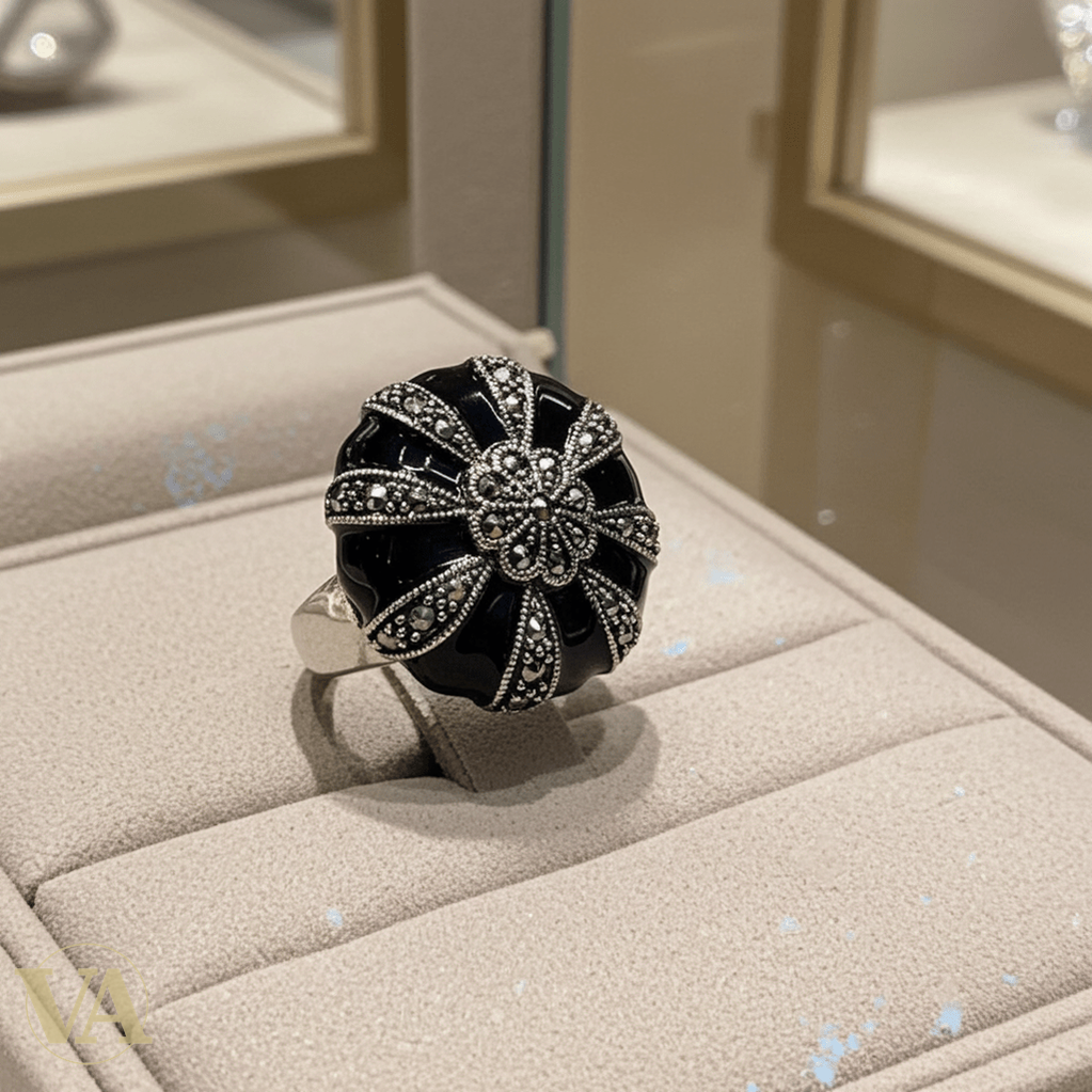 Bague femme argent 925 onyx noir et marcassites - Argent 925 - Vindicta