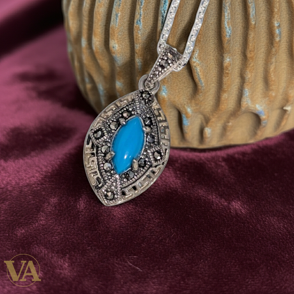 Collier Femme Turquoise Marcassite Argent 925 - Pendentif Art Déco Bleu-Vindicta : Bijoux Argent 925 Massif, Luxe et Héritage