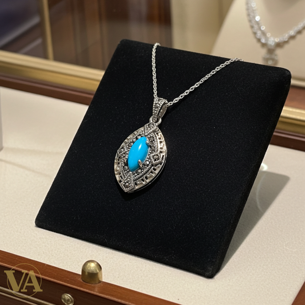 Collier Femme Turquoise Marcassite Argent 925 - Pendentif Art Déco Bleu-Vindicta : Bijoux Argent 925 Massif, Luxe et Héritage