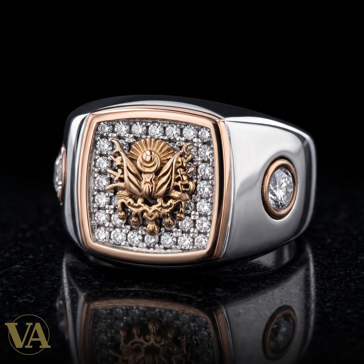 Bague Homme Argent 925 – Motif central pavé de pierres noires & détails or rose - Argent 925 - Vindicta