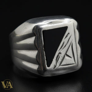 Chevalière Homme Argent 925 – Onyx Noir & Gravures Géométriques