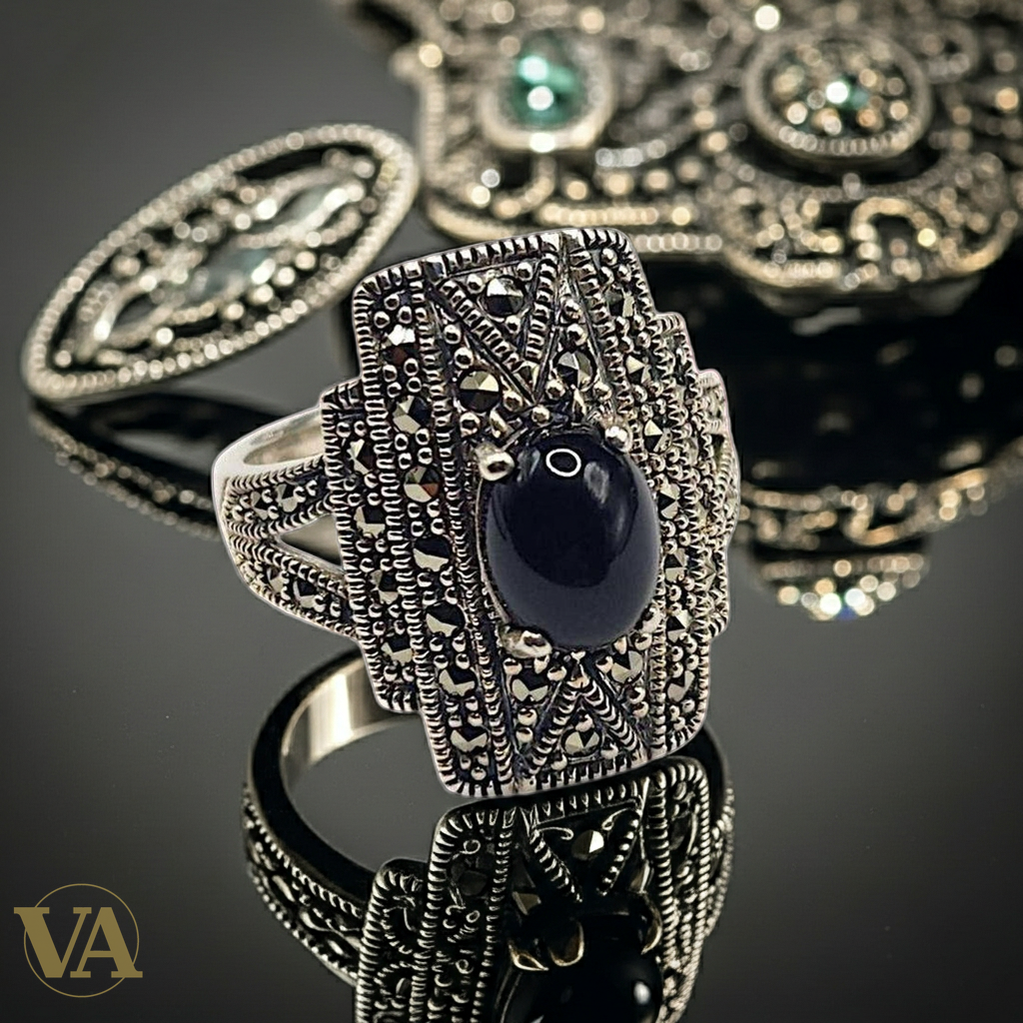 Bague Femme Art Déco argent 925 – Marcassites & Onyx-Vindicta : Bijoux Argent 925 Massif, Luxe et Héritage