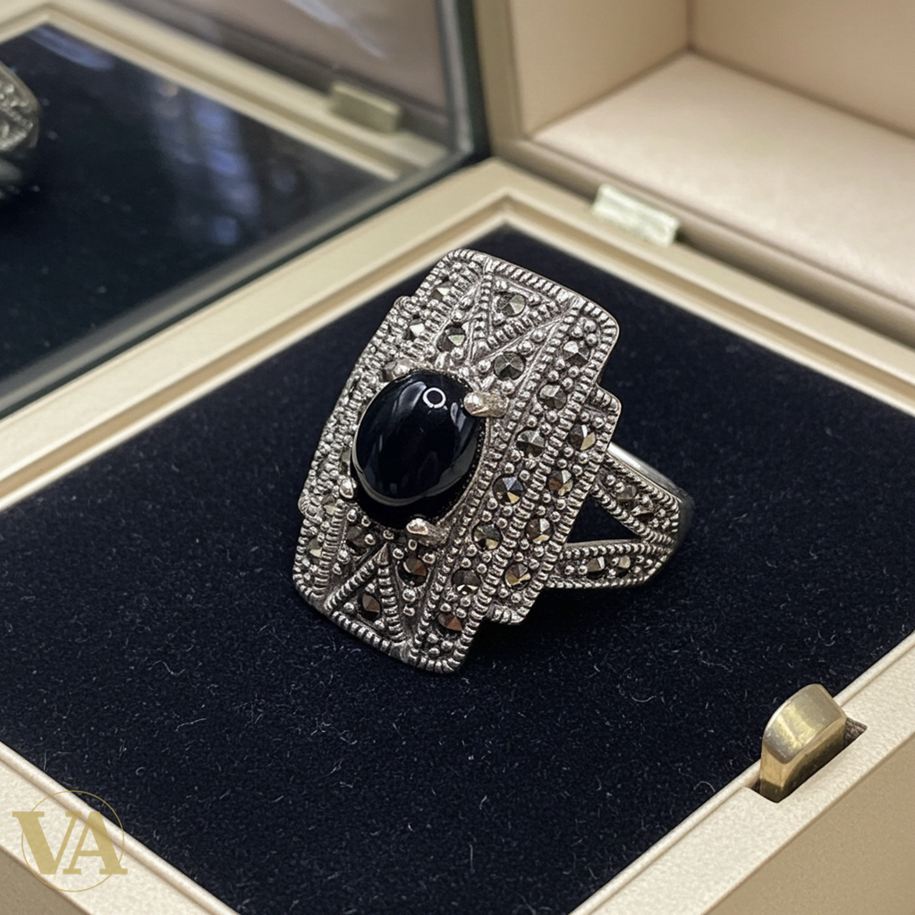 Bague Femme Art Déco argent 925 – Marcassites & Onyx-Vindicta : Bijoux Argent 925 Massif, Luxe et Héritage