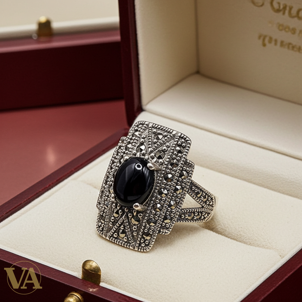 Bague Femme Art Déco argent 925 – Marcassites & Onyx-Vindicta : Bijoux Argent 925 Massif, Luxe et Héritage