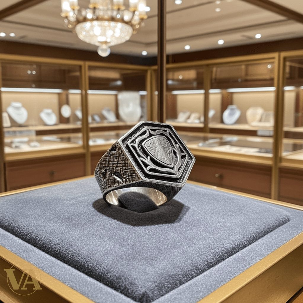 Bague Homme Argent 925 – Motif hexagonal bouclier stylisé & gravures texturées - Argent 925 - Vindicta
