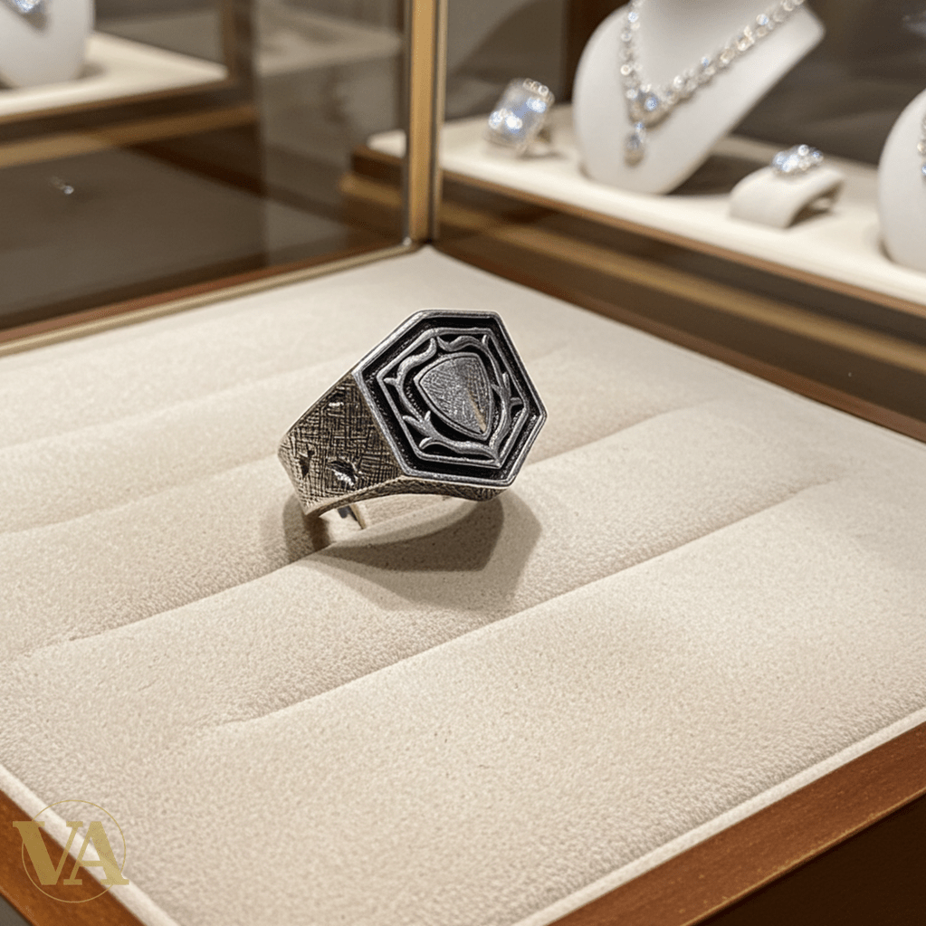 Bague Homme Argent 925 – Motif hexagonal bouclier stylisé & gravures texturées - Argent 925 - Vindicta