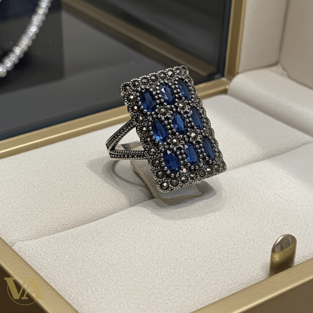 Bague femme rectangulaire en argent 925, pierres bleues & marcassite - Argent 925 - Vindicta
