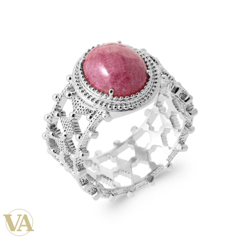 Bague Femme Argent 925 Rhodié – Rhodonite Ronde et Bandeau Ajouré — photo originale du modèle
