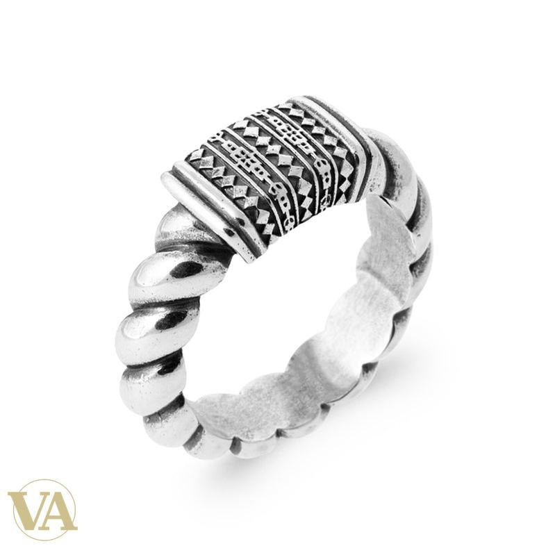 Bague Homme Argent 925 – Anneau Torsadé et Plaque Géométrique — photo originale du modèle