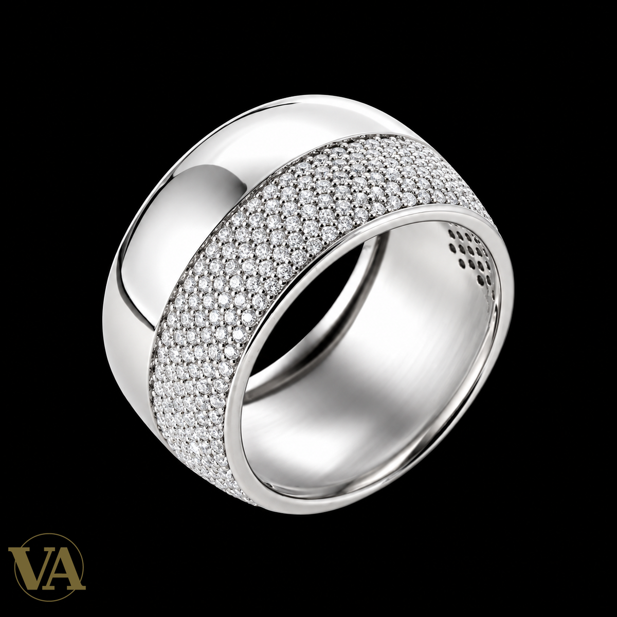 Bague Femme Argent 925 Rhodié – Double Bande Polie et Pavée — vue du bijou sur fond noir