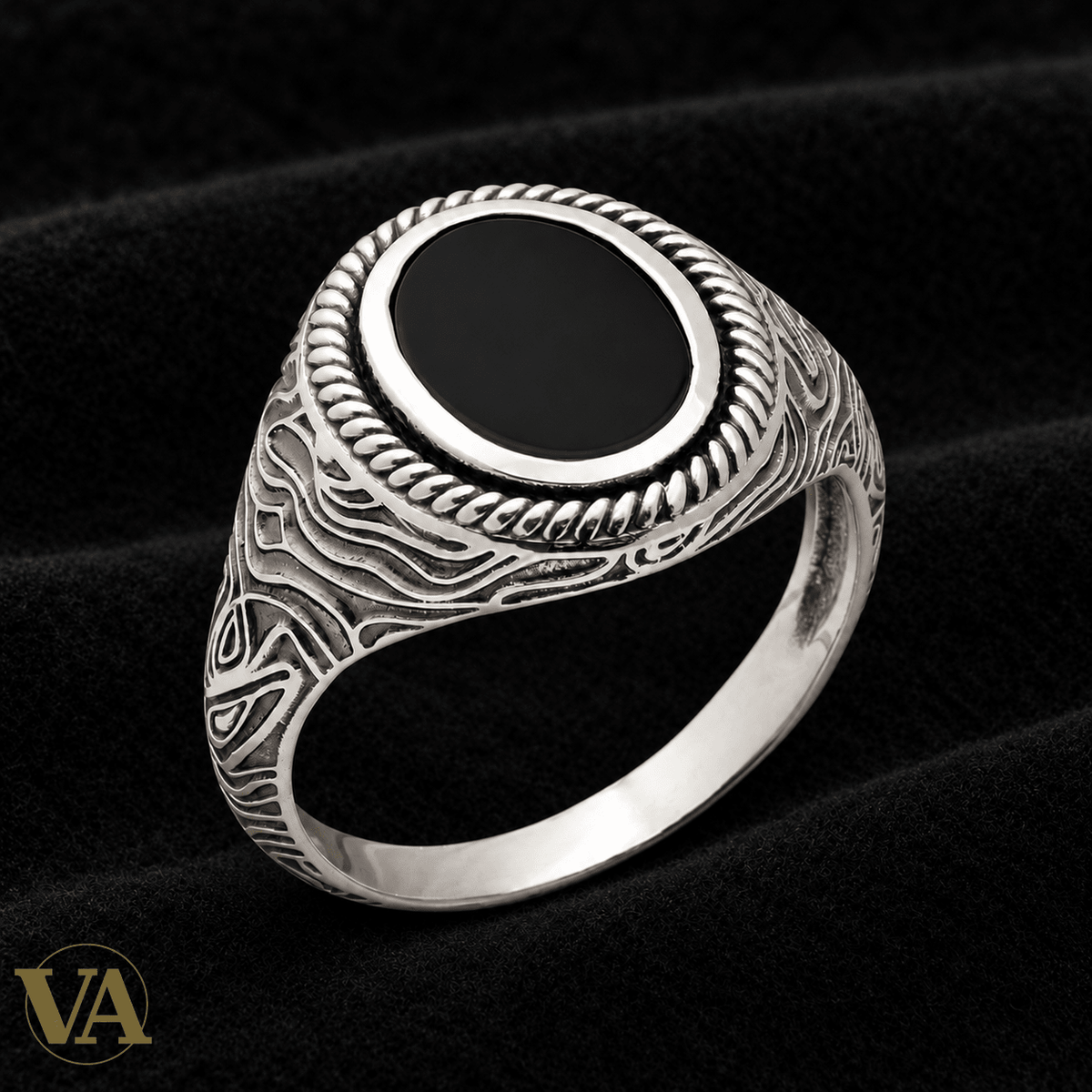 Chevalière Homme Argent 925 – Agate Noire et Volutes Torsadées - Argent 925 - Vindicta
