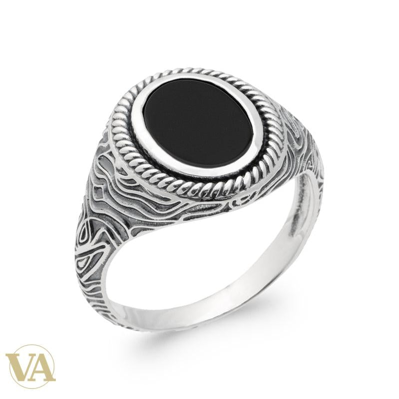Chevalière Homme Argent 925 – Agate Noire et Volutes Torsadées - Argent 925 - Vindicta