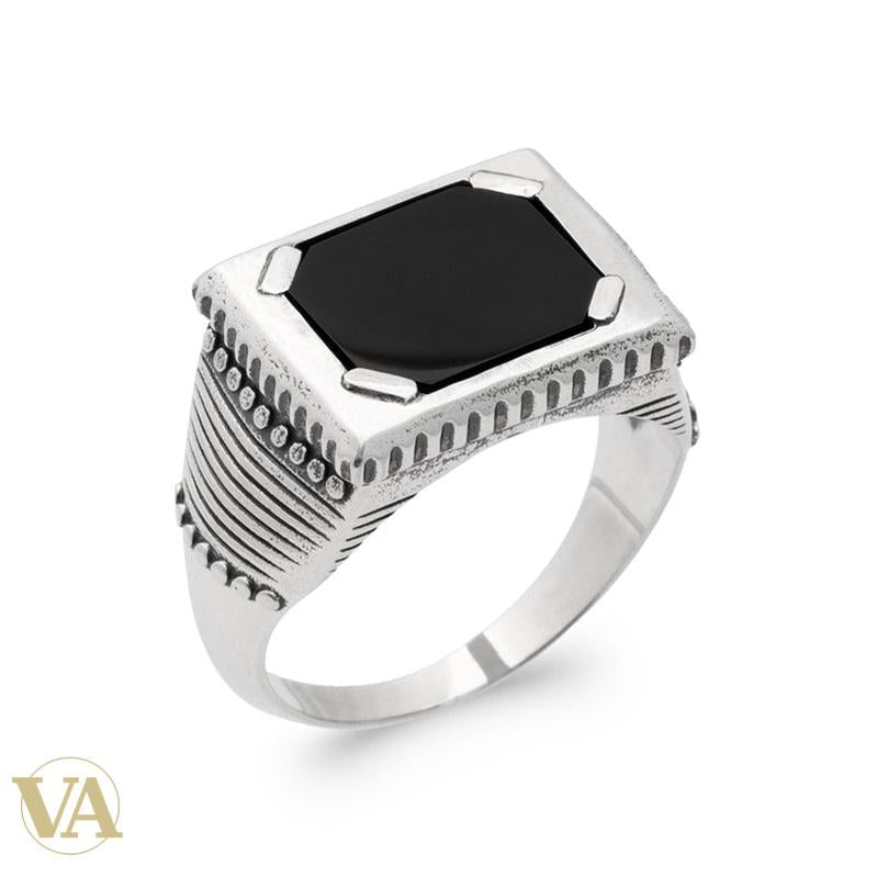 Chevalière Homme Argent 925 – Agate Noire Rectangulaire et Flancs Striés - Argent 925 - Vindicta