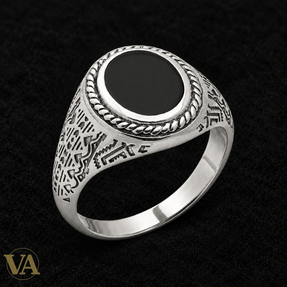 Chevalière Homme Argent 925 – Agate Noire et Motifs Géométriques - Argent 925 - Vindicta