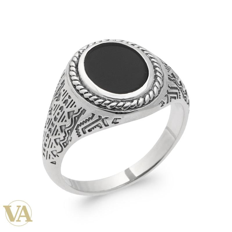 Chevalière Homme Argent 925 – Agate Noire et Motifs Géométriques - Argent 925 - Vindicta