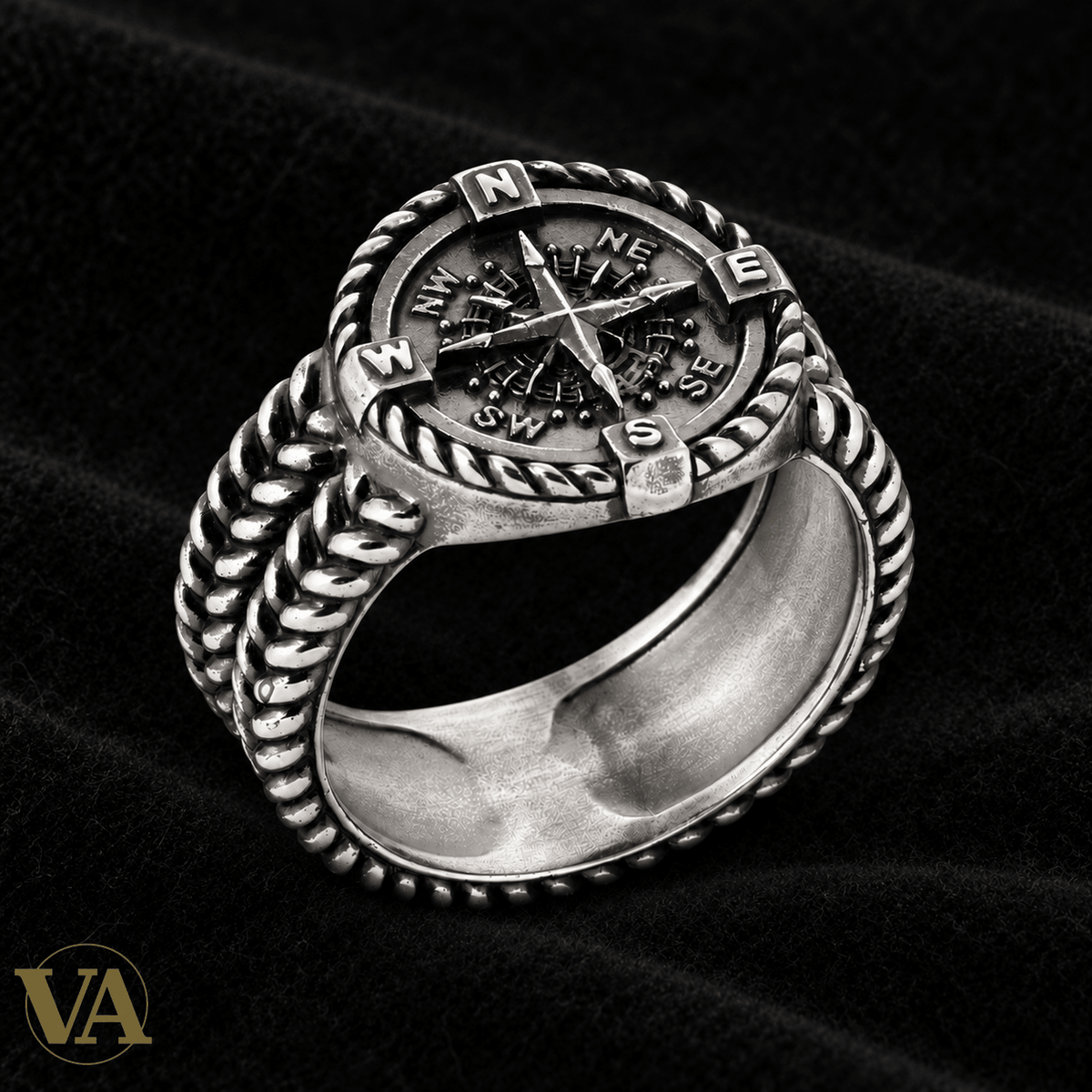 Chevalière Homme Argent 925 – Rose des Vents et Bordure Tressée - Argent 925 - Vindicta