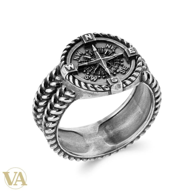 Chevalière Homme Argent 925 – Rose des Vents et Bordure Tressée - Argent 925 - Vindicta