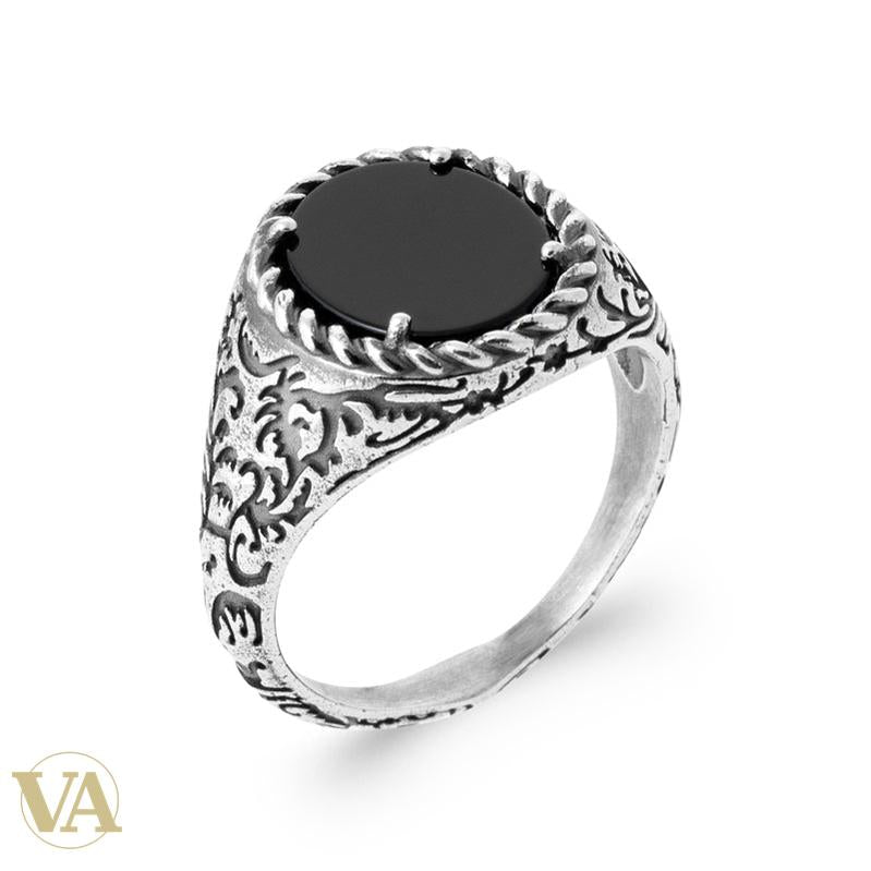 Chevalière Homme Argent 925 – Agate Noire à Griffes et Arabesques – détail du modèle