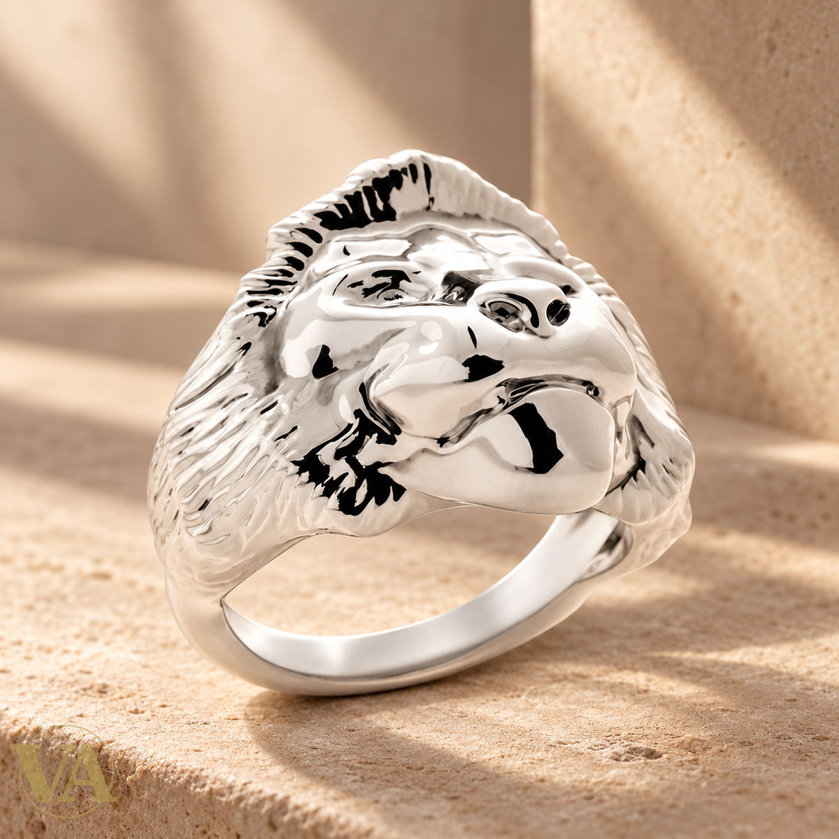 Bague Homme Argent 925 – Chevalière Tête de Lion — Vue de détail sur décor