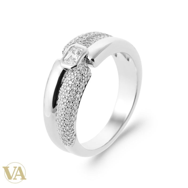 Bague Femme Argent 925 Rhodié – Zirconium Central et Rubans Pavés — vue du bijou non porté